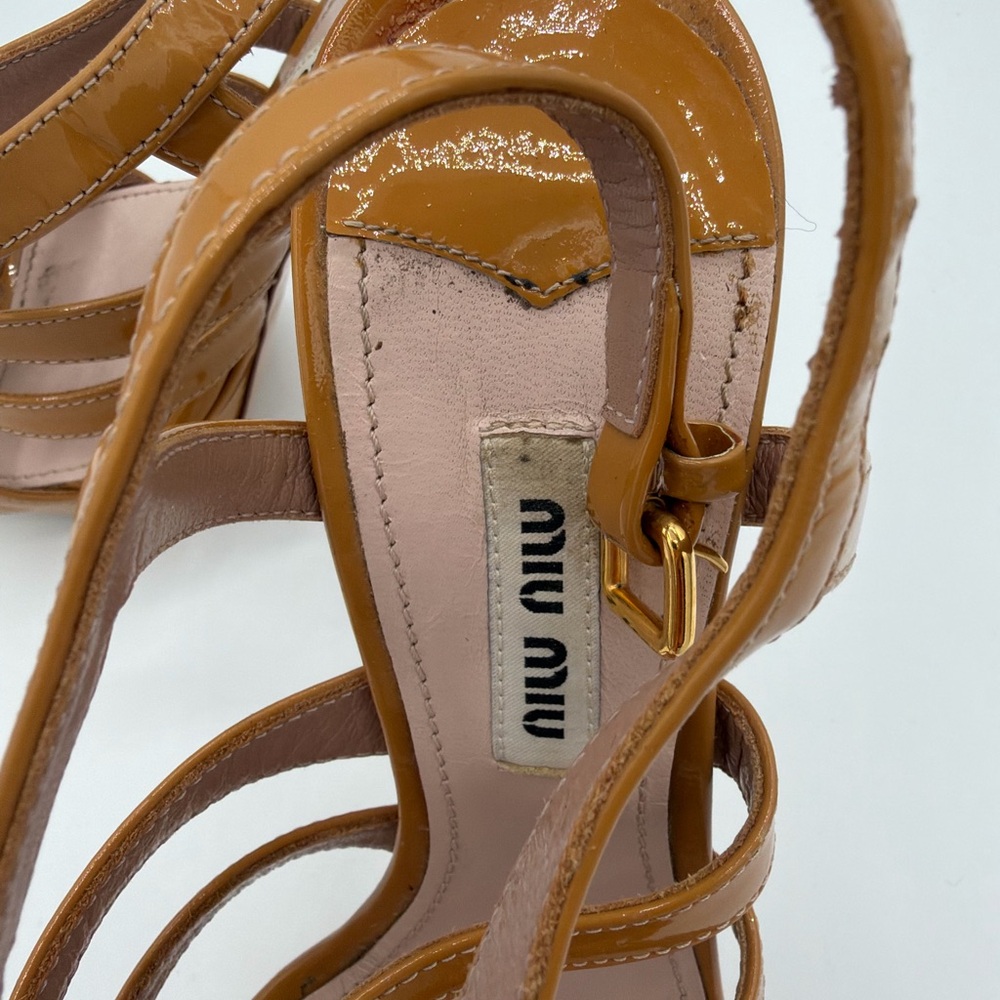 Miu Miu Patent Leather Strappy Heels Camel Tan Sandals EU 36.5 - Picture 3 of 5